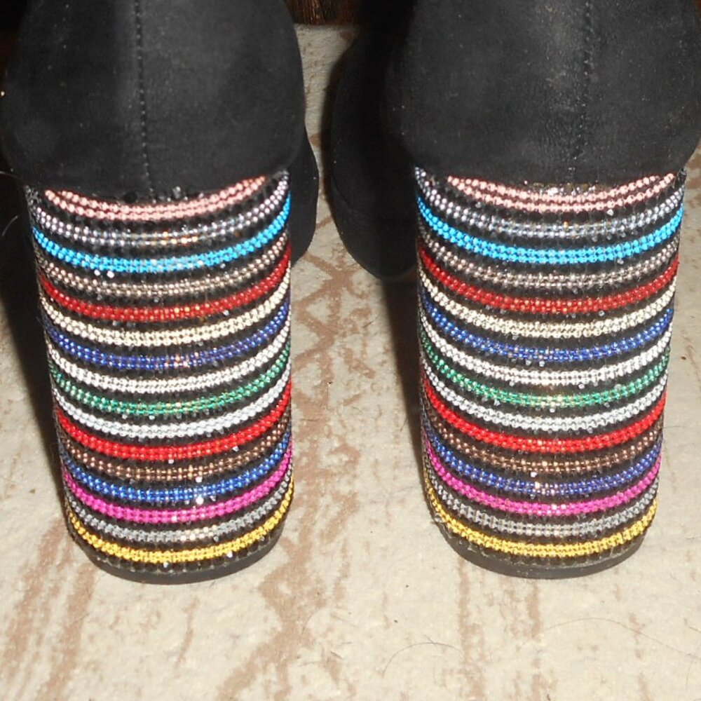 Betsey Johnson suede like black boots with rainbow crystal heels, size 8 - Picture 7 of 9